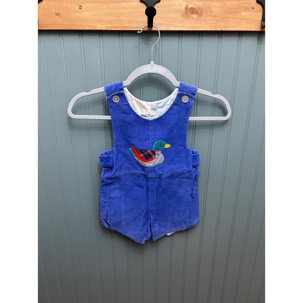 Vintage Samara Blue Corduroy Duck Applique Jon Jon Romper 2T Plaid VTG